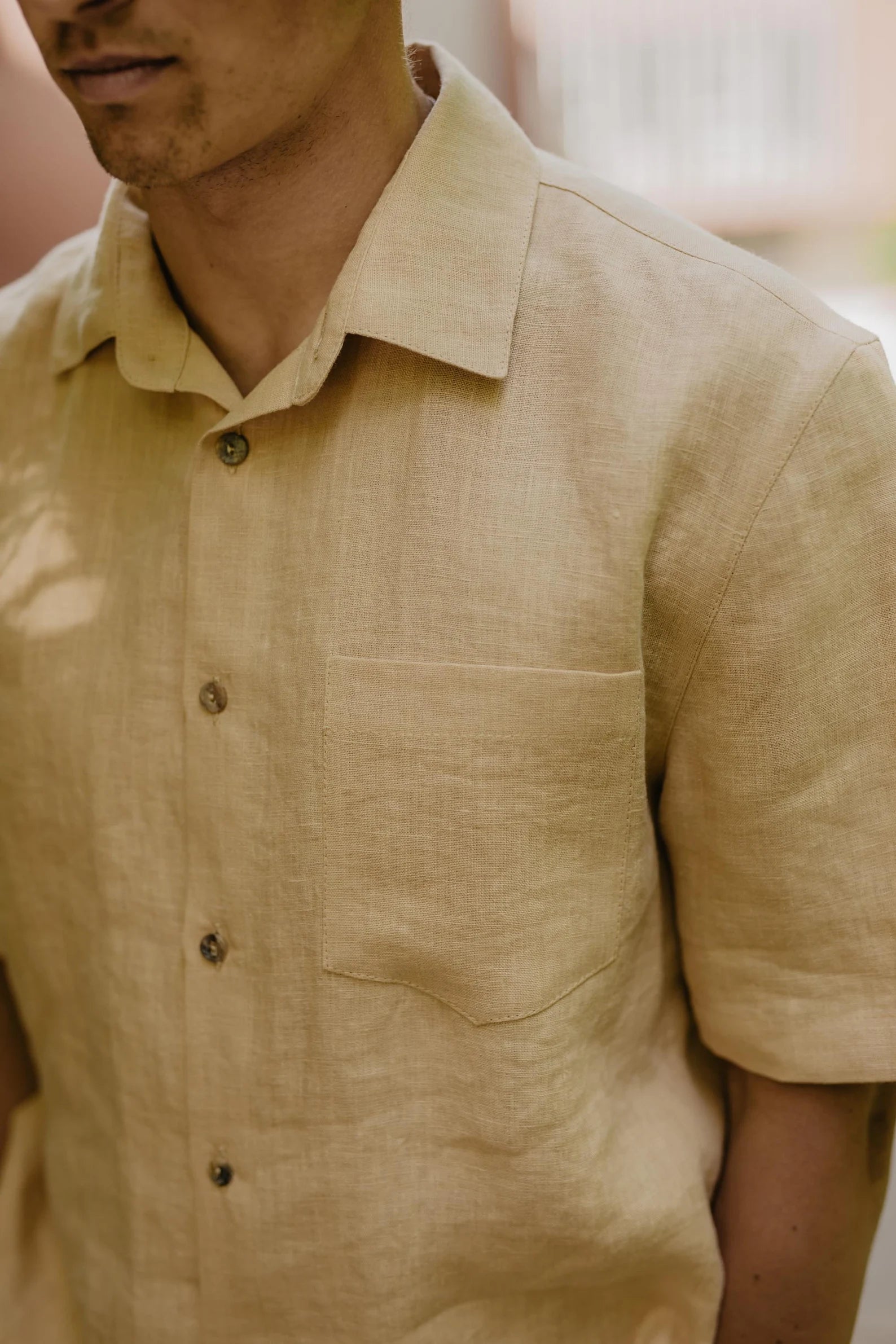 Oversized linen shirt for men MAGNUS. Men's linen summer shirt with short sleeves. Mustard linen shirt
