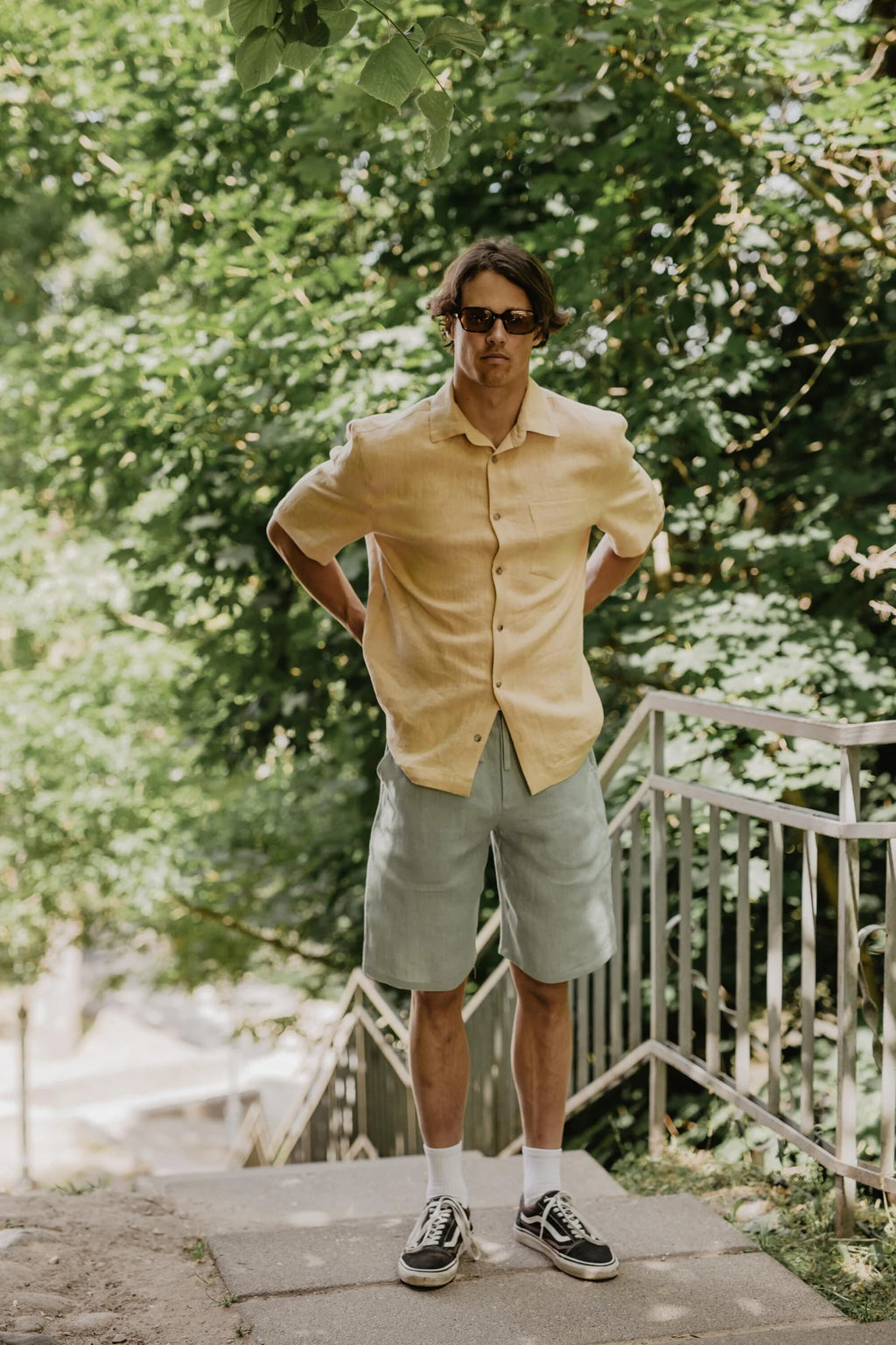 Oversized linen shirt for men MAGNUS. Men's linen summer shirt with short sleeves. Mustard linen shirt